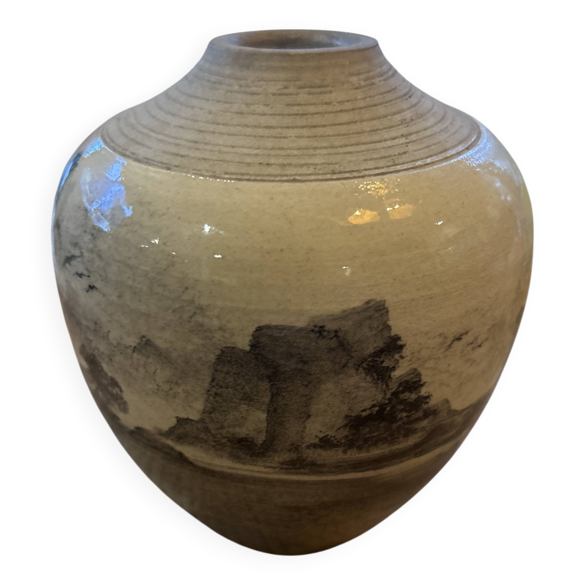 Small ovoid stoneware landscape vase