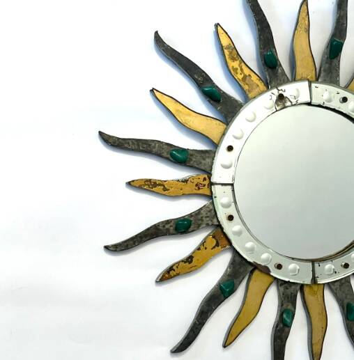 Sun-shaped mirror, wooden frame, circa 1980.