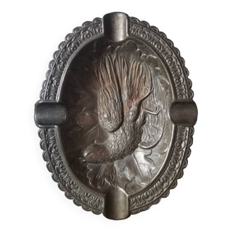Vintage Cast Bronze Ashtray Cast Bird and Oak Leaves Unsigned