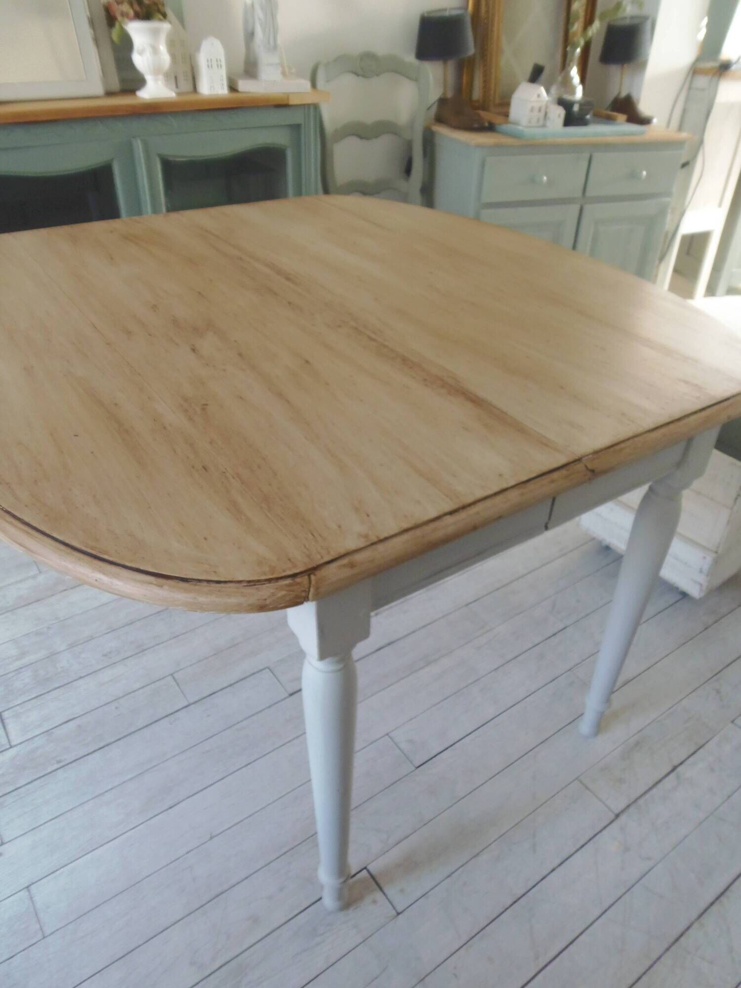 Flap table, pearl gray patinated base, medium oak waxed top.