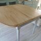 Flap table, pearl gray patinated base, medium oak waxed top.