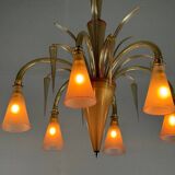 Venetian chandelier in beige/gray murano glass bordered with a red net