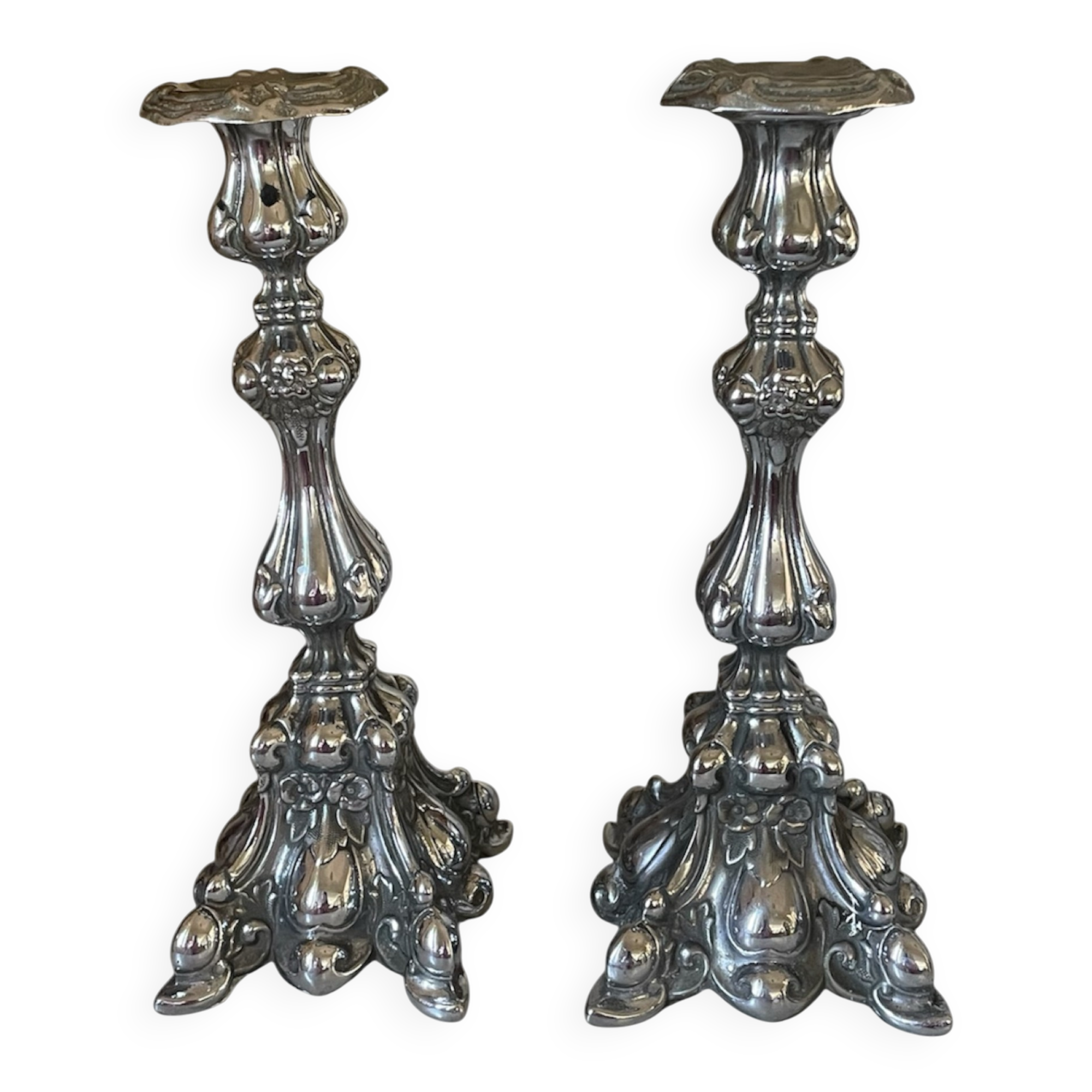 Pair of rococo silver-plated candlesticks