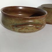 2 Handcrafted green-brown stoneware bowls signed