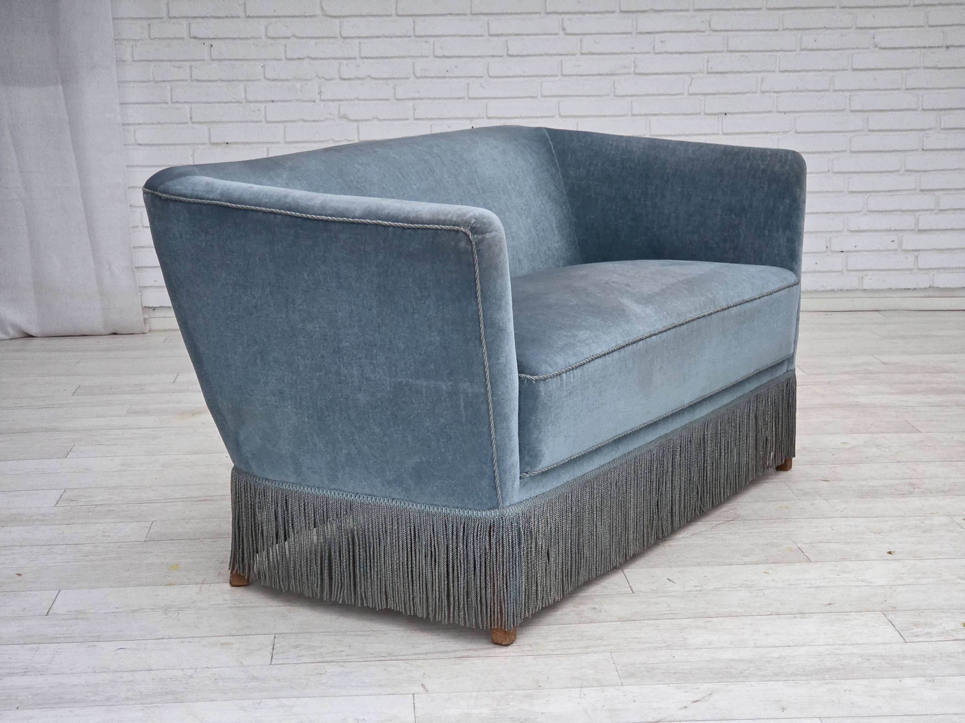 1970s, Danish 2-seater sofa, blue furniture velour, oak wood legs.
