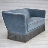 1970s, Danish 2-seater sofa, blue furniture velour, oak wood legs.