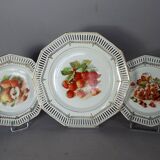 Set of 10 dessert plates & dish, openwork marli & fruits vintage 50s