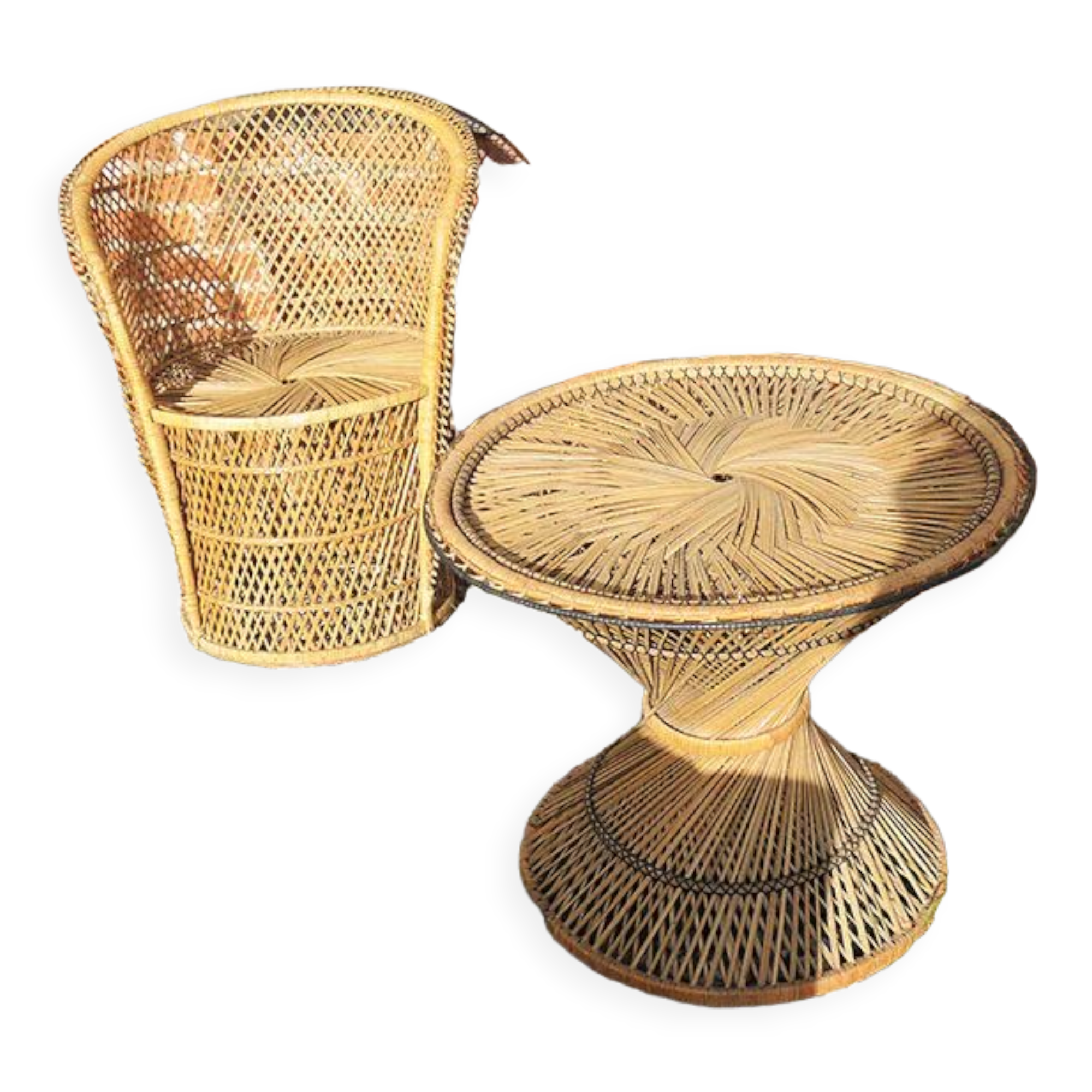 Old wicker / rattan table and armchair