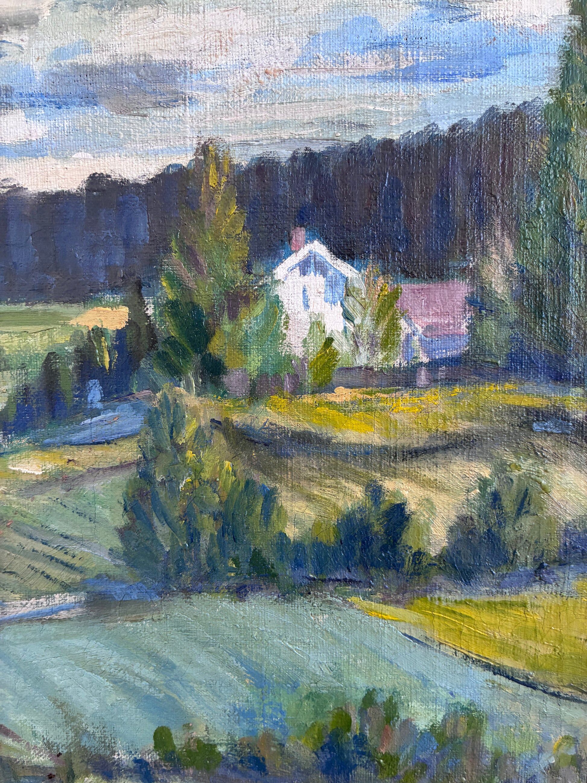 Peinture à l'huile vintage originale de paysage, art de la campagne