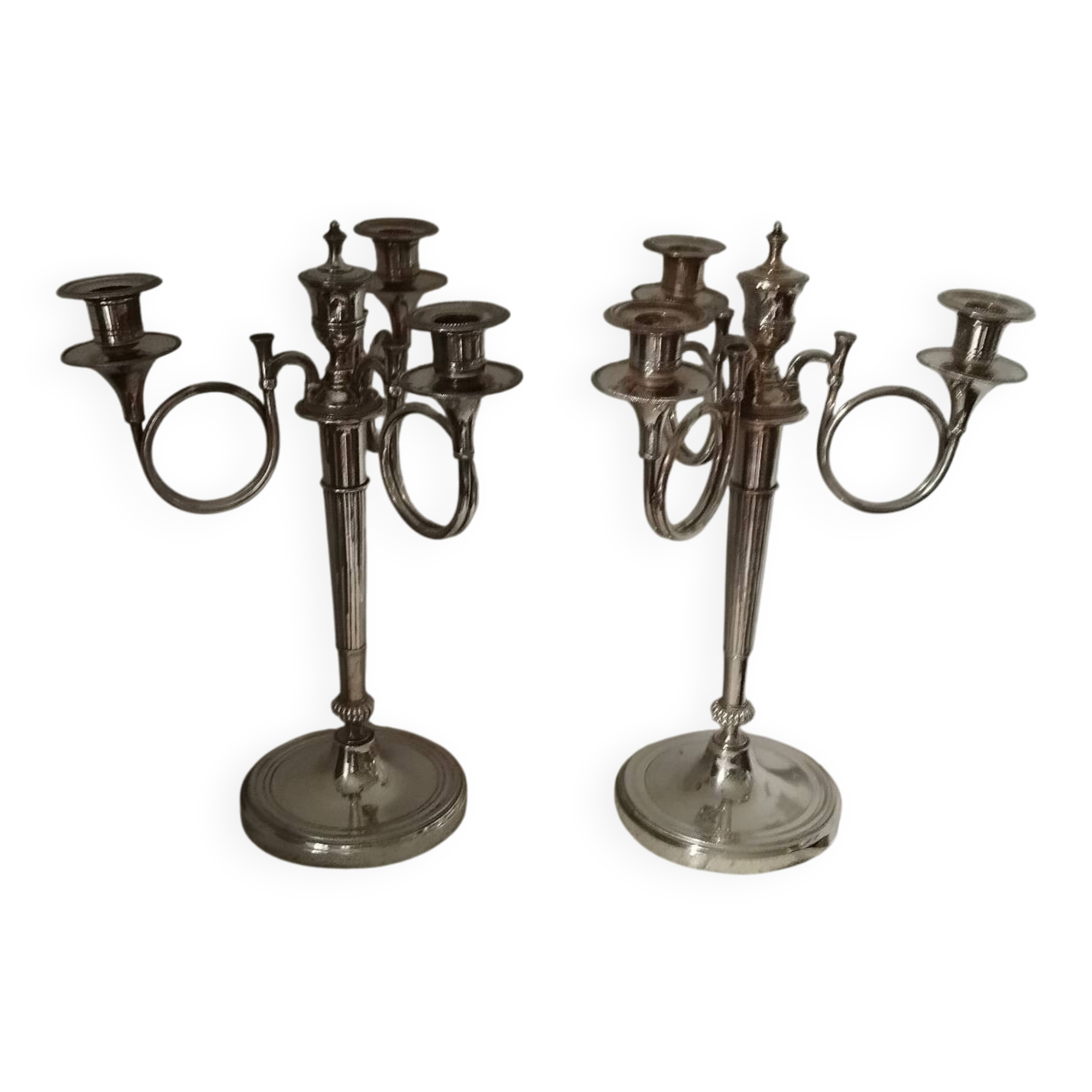 2 candelabra candlesticks hunting horn silver metal