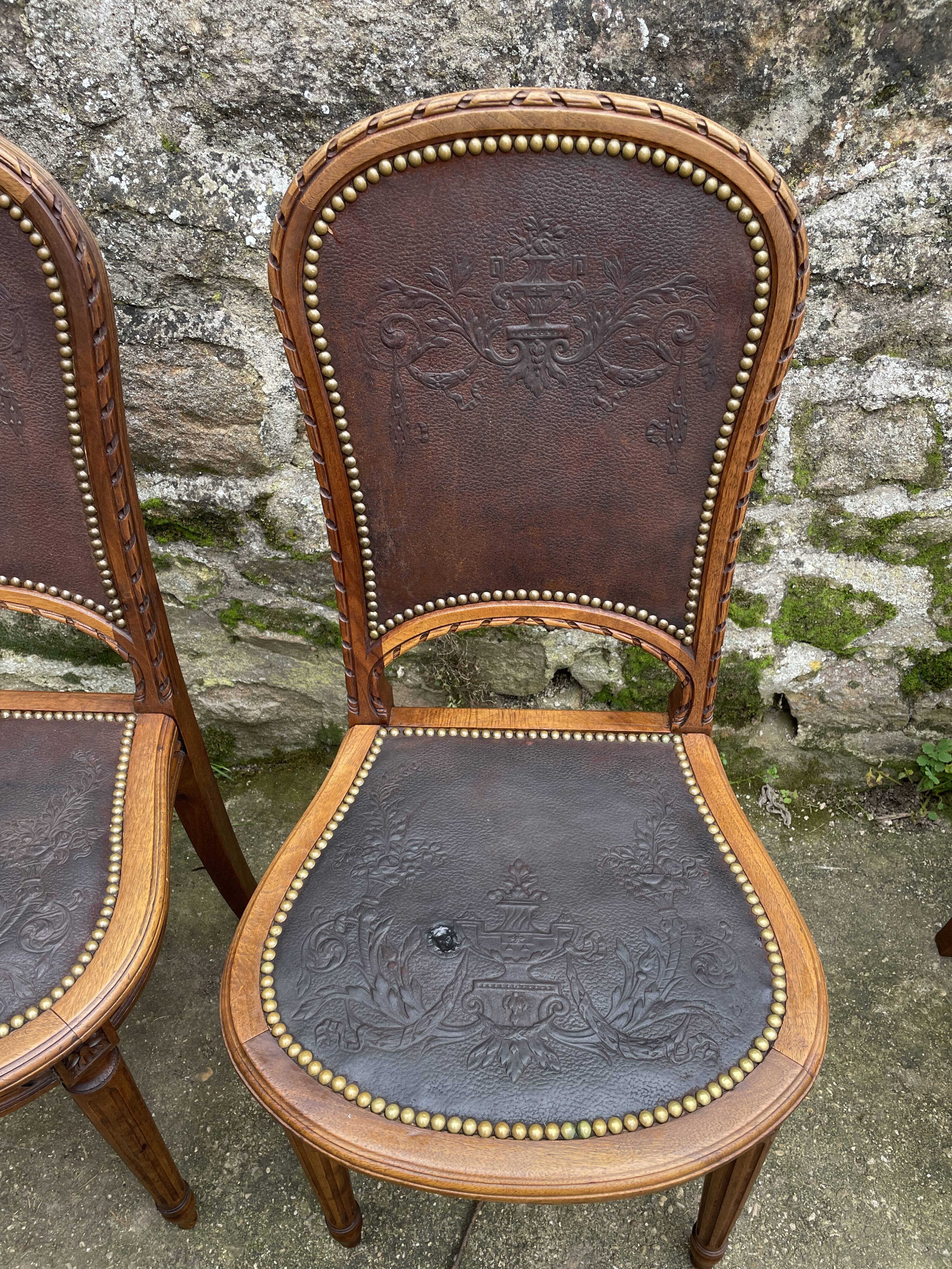 6 Louis XVI style chairs in solid beech and Cordovan leather, 1900
