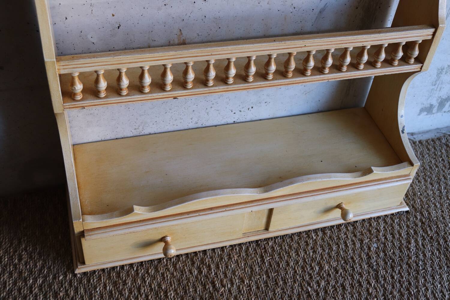 Vintage painted turned wood wall shelf