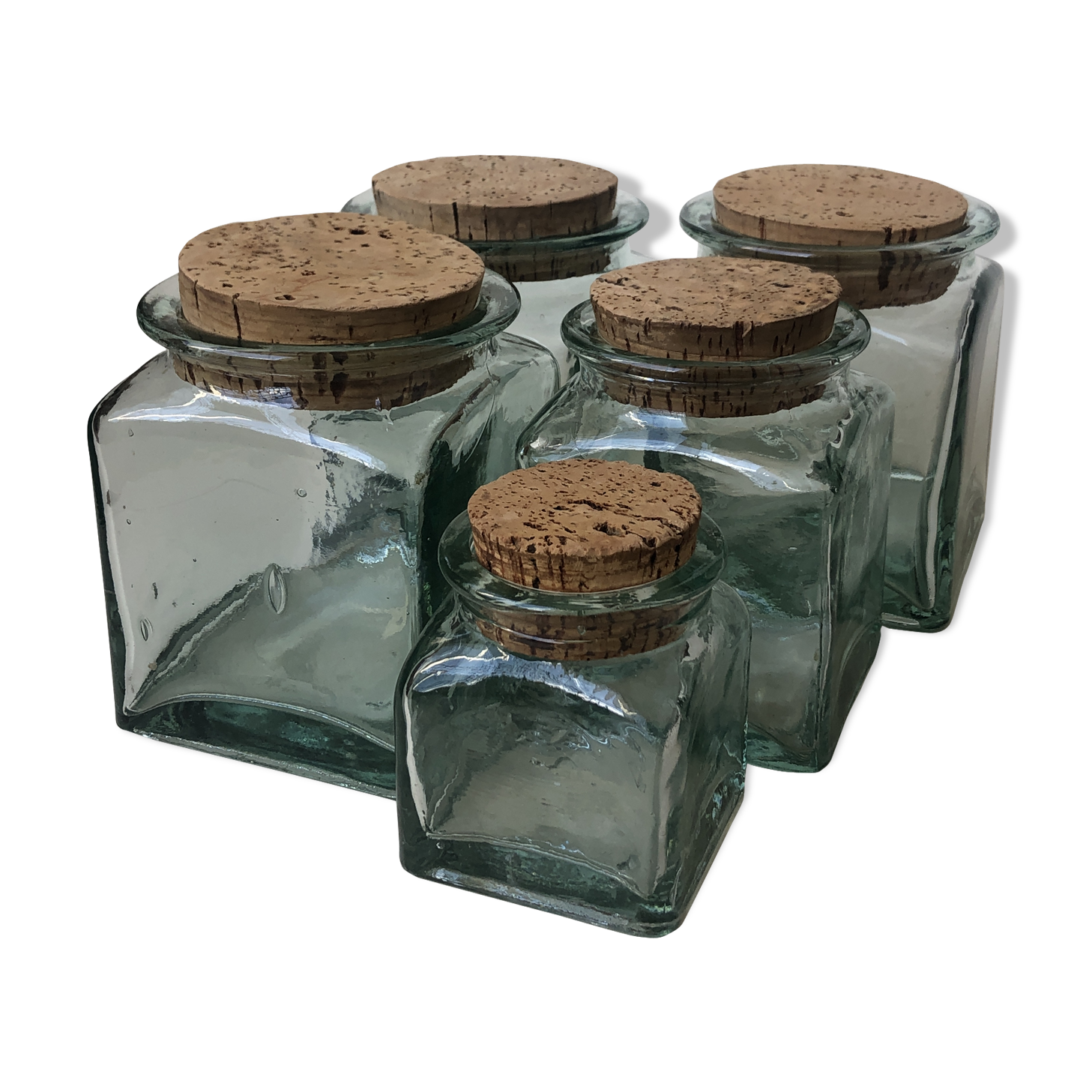 Set of 5 jars glass and Cork. 1970