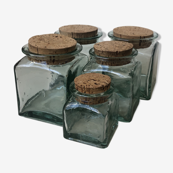 Set of 5 jars glass and Cork. 1970