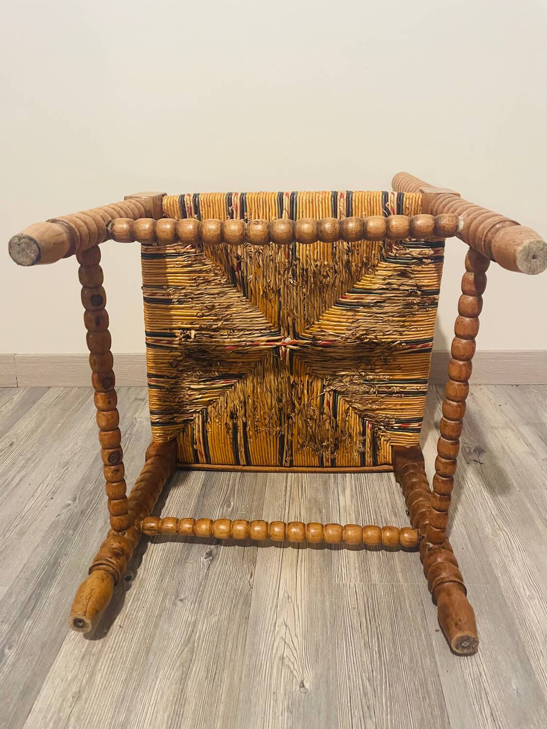 Vintage Art Deco Bobbin Wood and Straw Corner Chair, 1930s