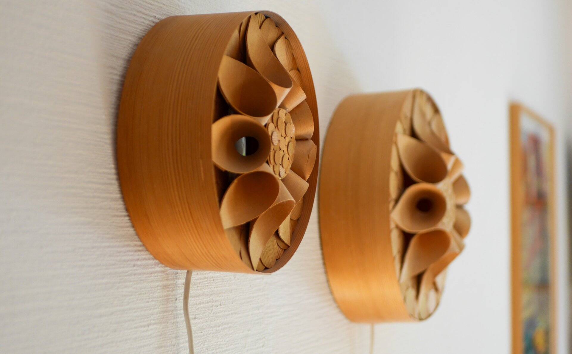 Handcrafted Swedish wooden wall sconces, set of 2