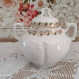 White porcelain sugar bowl decoration in relief and green and gold frieze