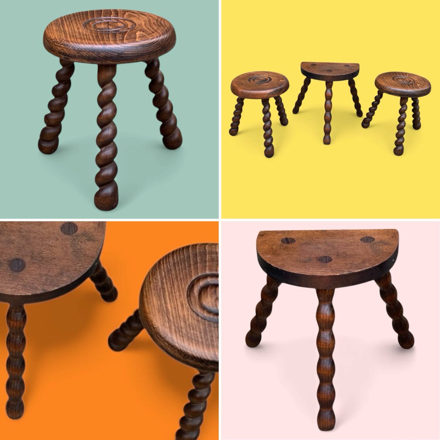 3 vintage turned wood stools