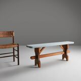 Rustic Art Deco Wooden Bench with Blue Top, France, 1930s