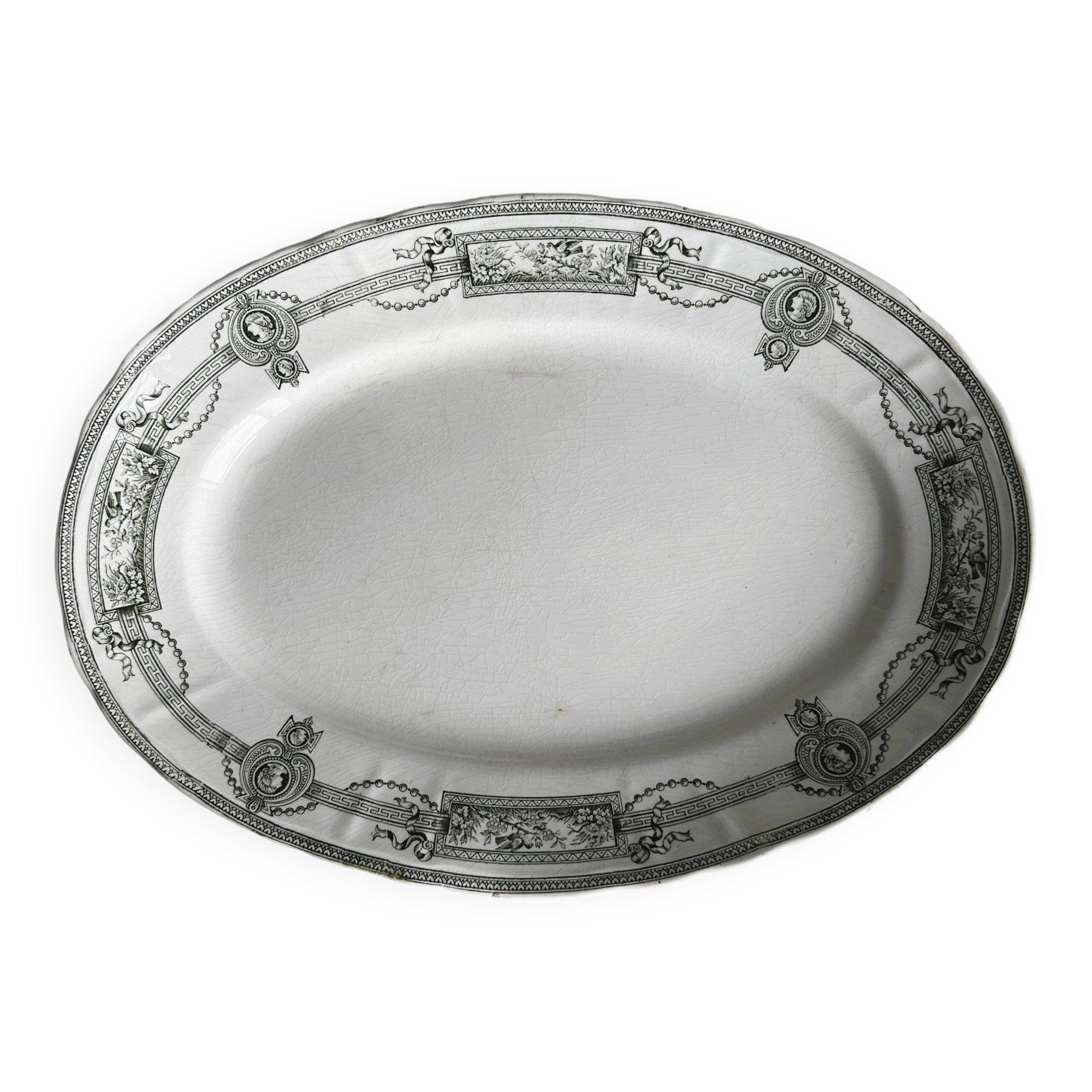 Antique oval earthenware dish, black and white neoclassical decor