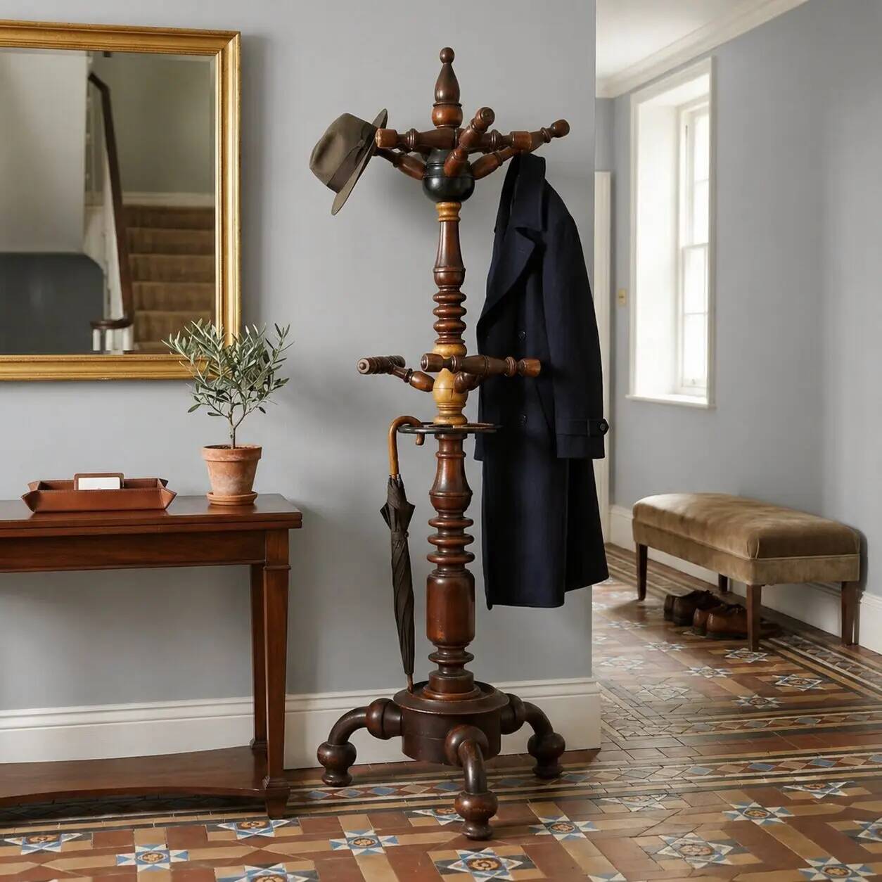 Antique coat rack in elm and maple, Italy, 19th century