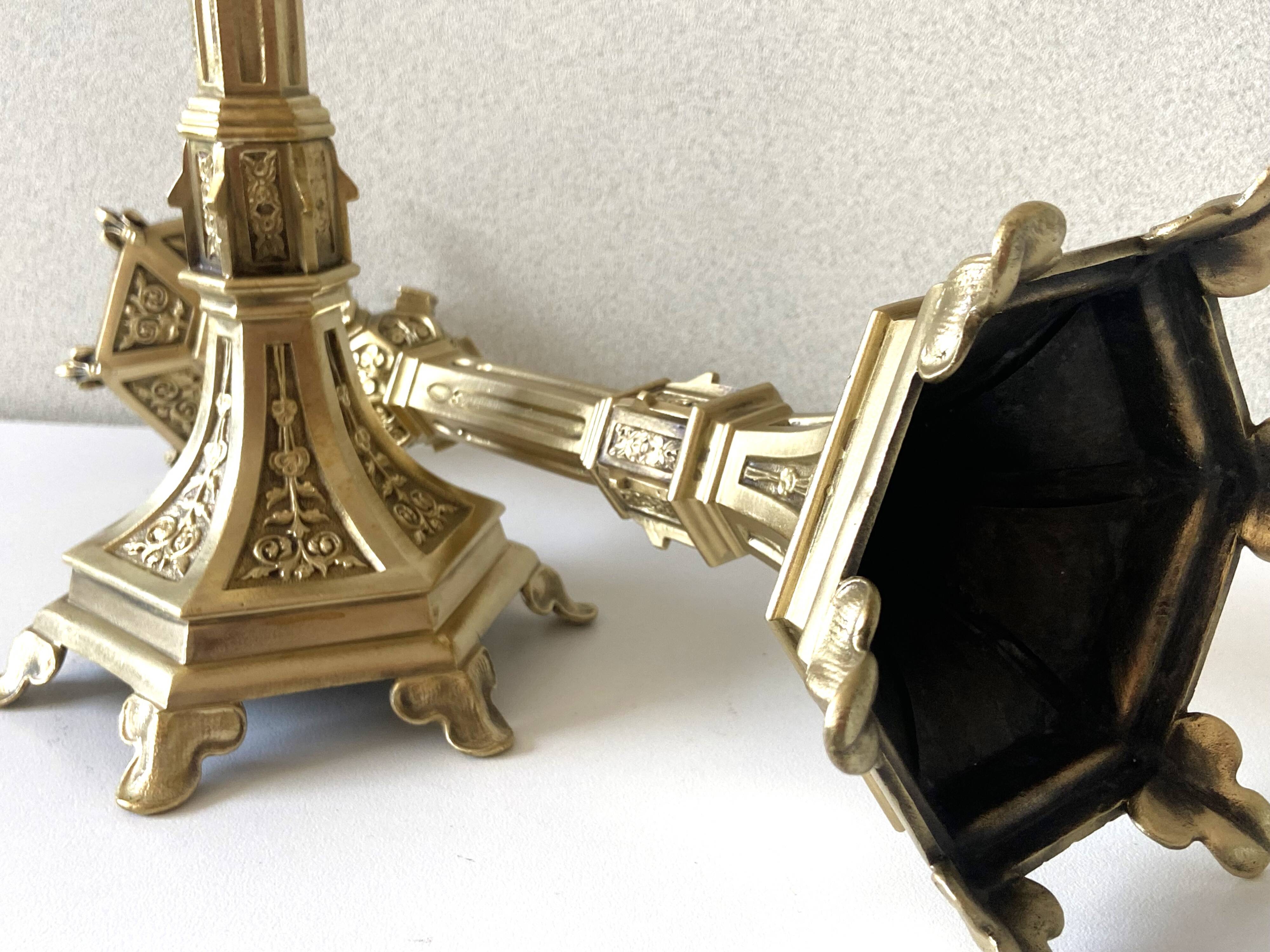 Pair of Antique Gothic Revival Candle Holders in Gold Bronze