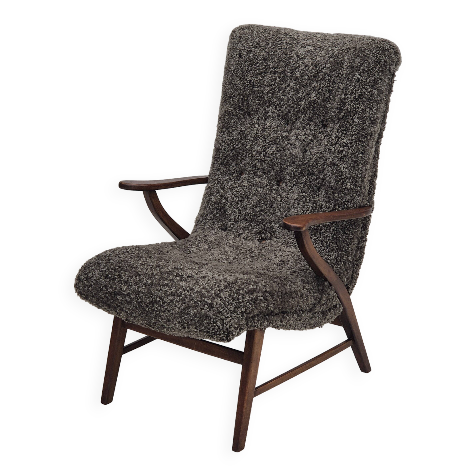 60s, Danish design, refurbished armchair, genuine sheepskin "Wellington".