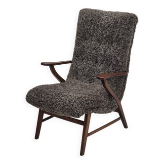Années 60, design danois, fauteuil remis à neuf, véritable peau de mouton "Wellington".