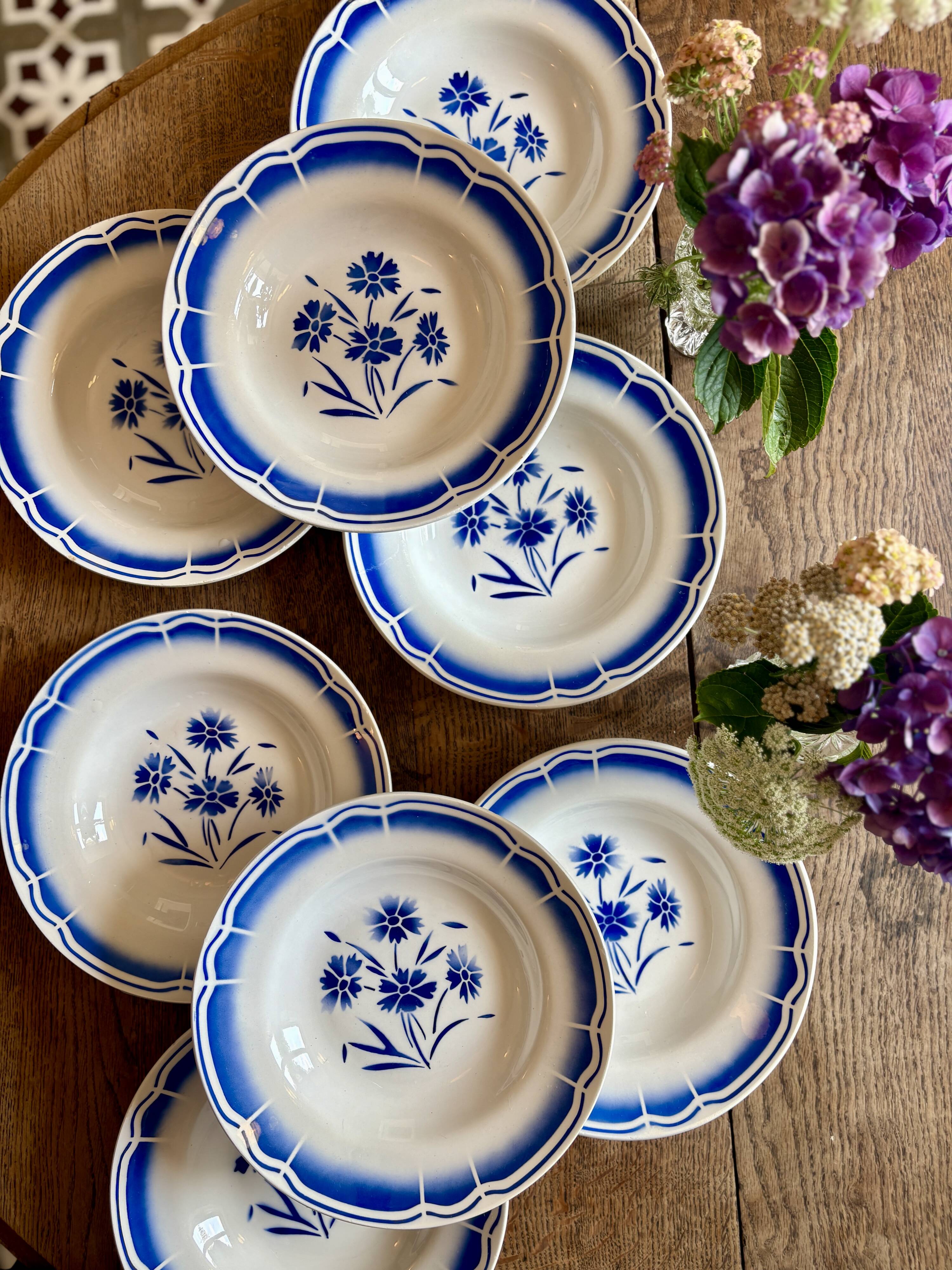 Set of 8 antique soup plates, blue flower decorations