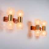 Pair of Swedish wall lamps with teak wood, brass and glass cup shade
