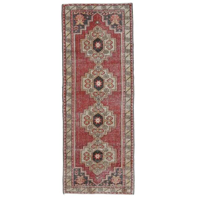 Vintage Turkish Oushak Handmade Wool Cotton Red Runner Rug   101x281