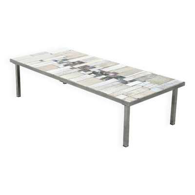Table basse brutaliste par Pia Manu, plateau en céramique, base en métal, Belgique