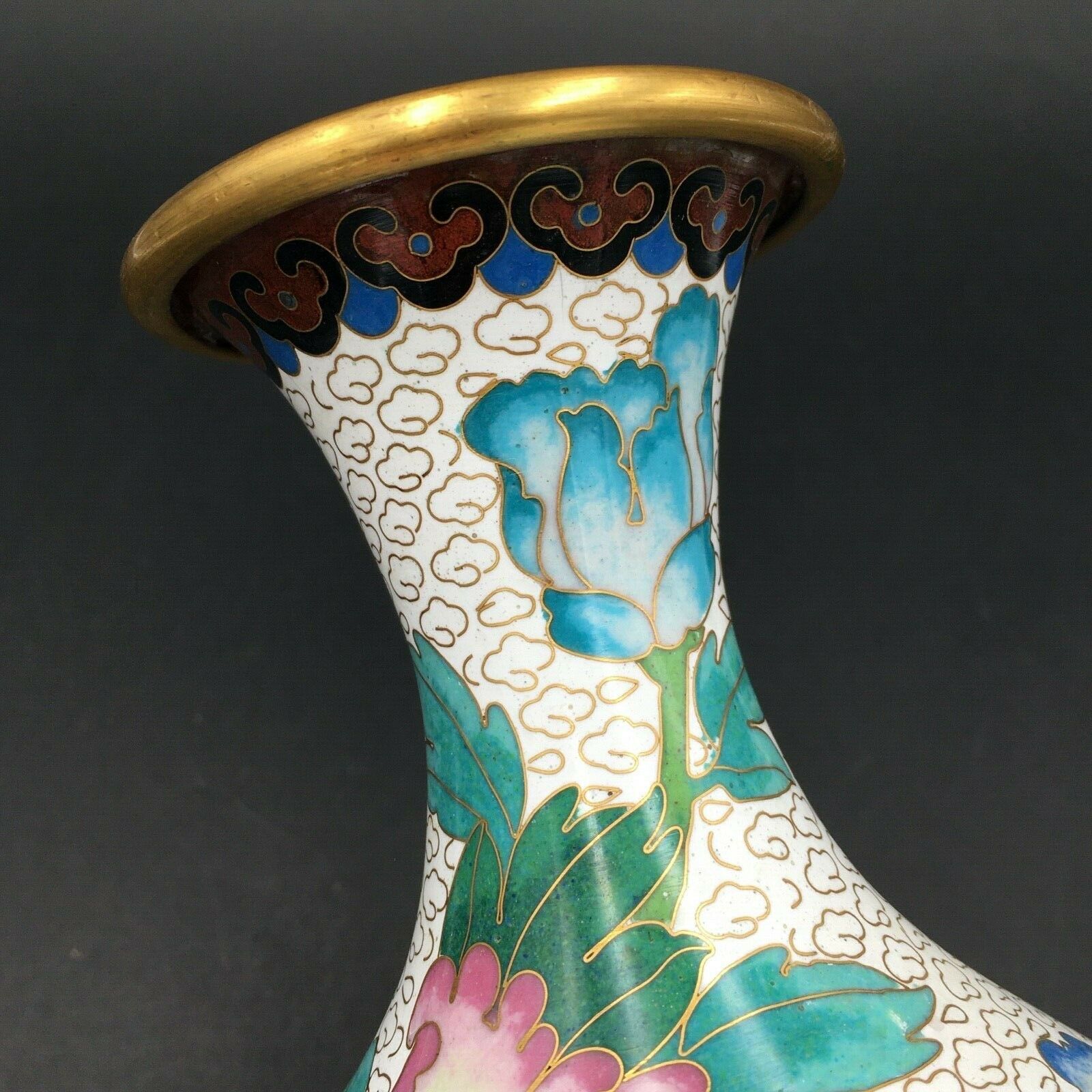 Brass Vase Email Cloisonné Decor Peony and Bird China Middle XXth Enamel
