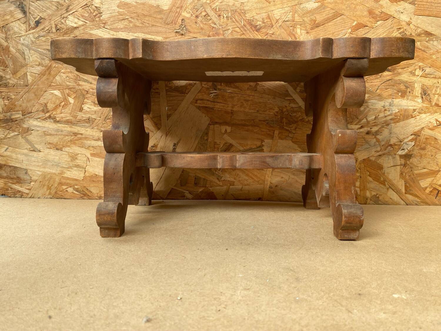 Antique Communion Bench Stool Carved Wood + Metal Monogram Early 20th Century