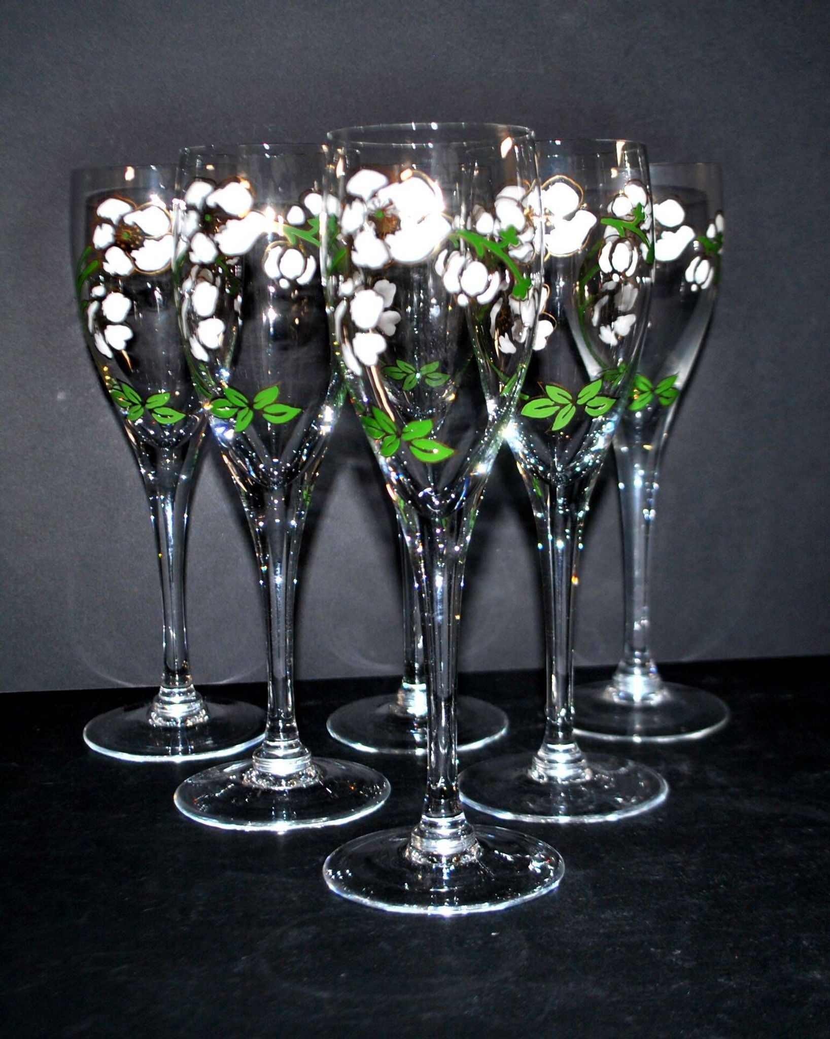 Perrier Jouet set of 6 Anemone Cuvée Belle Epoque champagne flutes in Gallé enamelled crystal