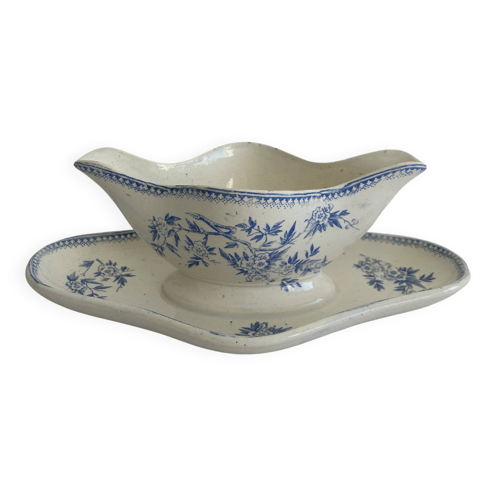 Antique sauce boat in earthenware – Grigny – blue floral decoration
