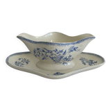 Antique sauce boat in earthenware – Grigny – blue floral decoration