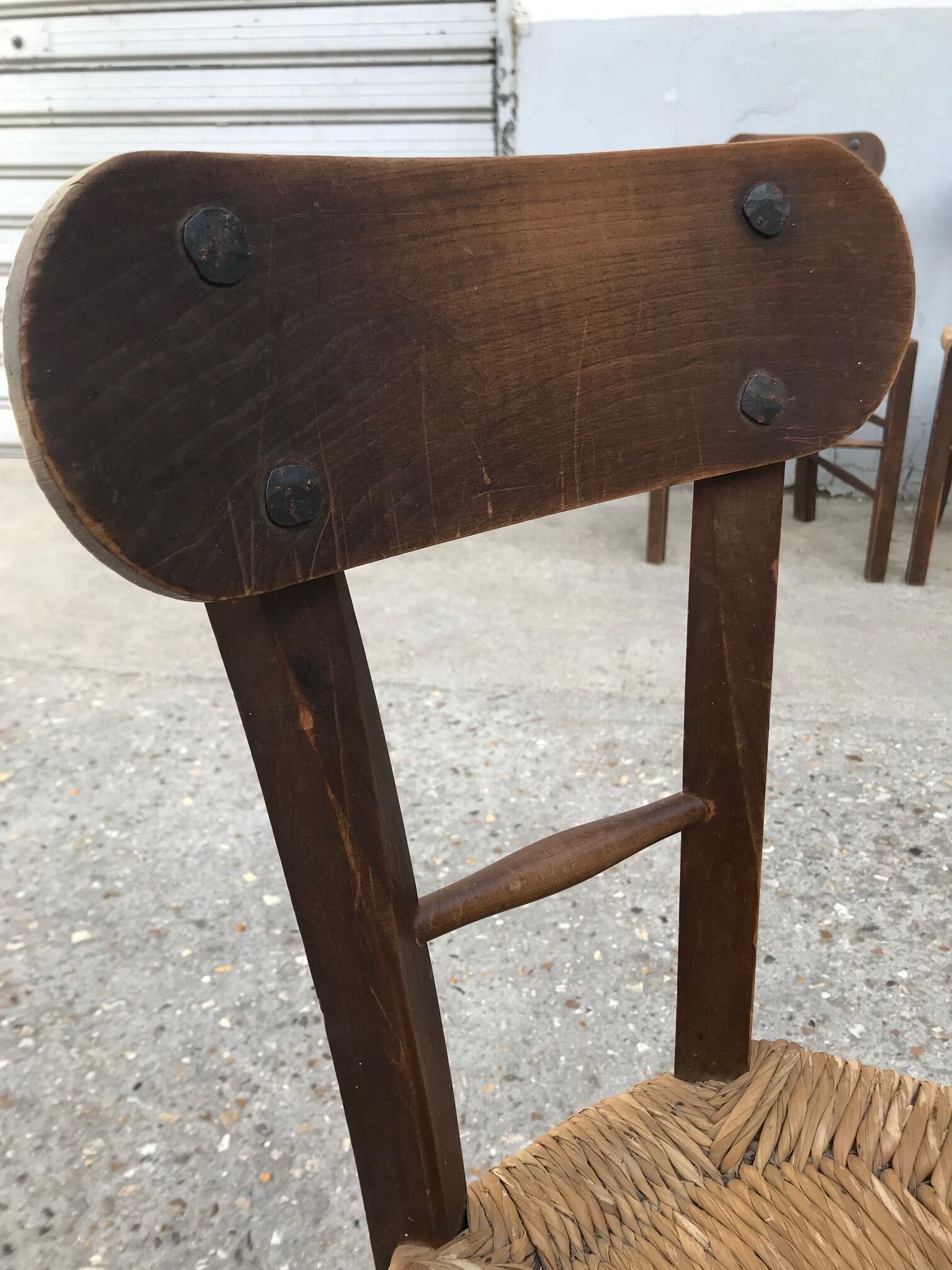 Set of 4 brutalist chairs wood and rope, popular art