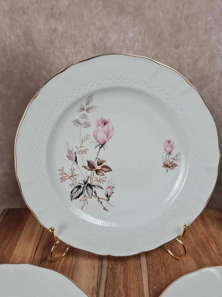 Set of 6 porcelain plates Tognana – antique rose pattern & gold rim