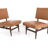 Pair of Vintage Camel Skai Lounge Chairs with Ebonized Wood Frame by Dassi