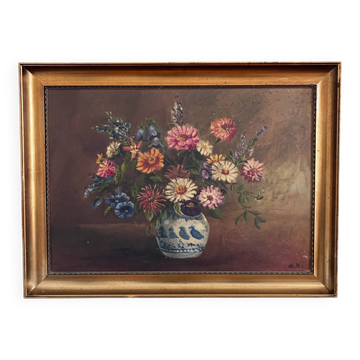 Peinture à l'huile florale vintage originale avec vase bleu et blanc.