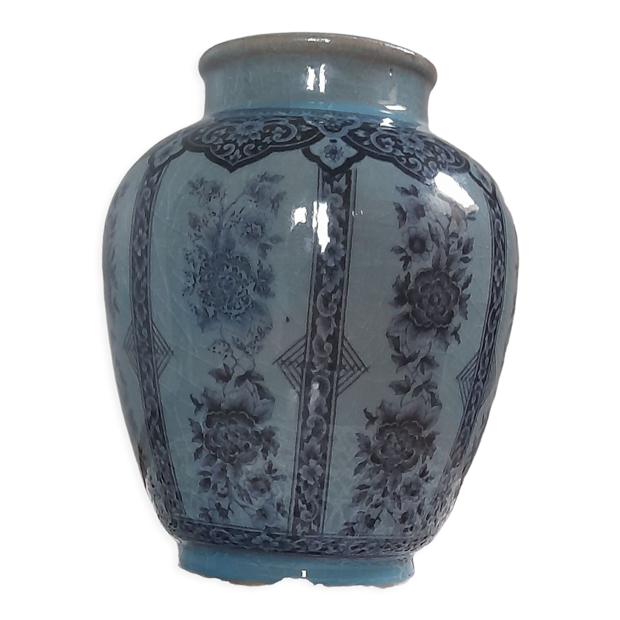 Decorative vase in blue glazed ceramic with floral decoration and arabesques, circa 1930