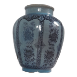 Decorative vase in blue glazed ceramic with floral decoration and arabesques, circa 1930
