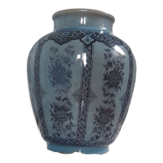 Decorative vase in blue glazed ceramic with floral decoration and arabesques, circa 1930