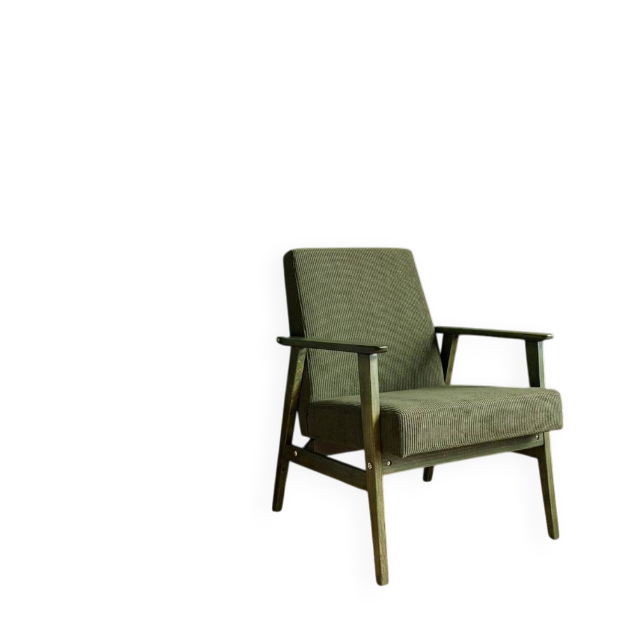 Fauteuil vintage en velours côtelé vert olive, bois vert