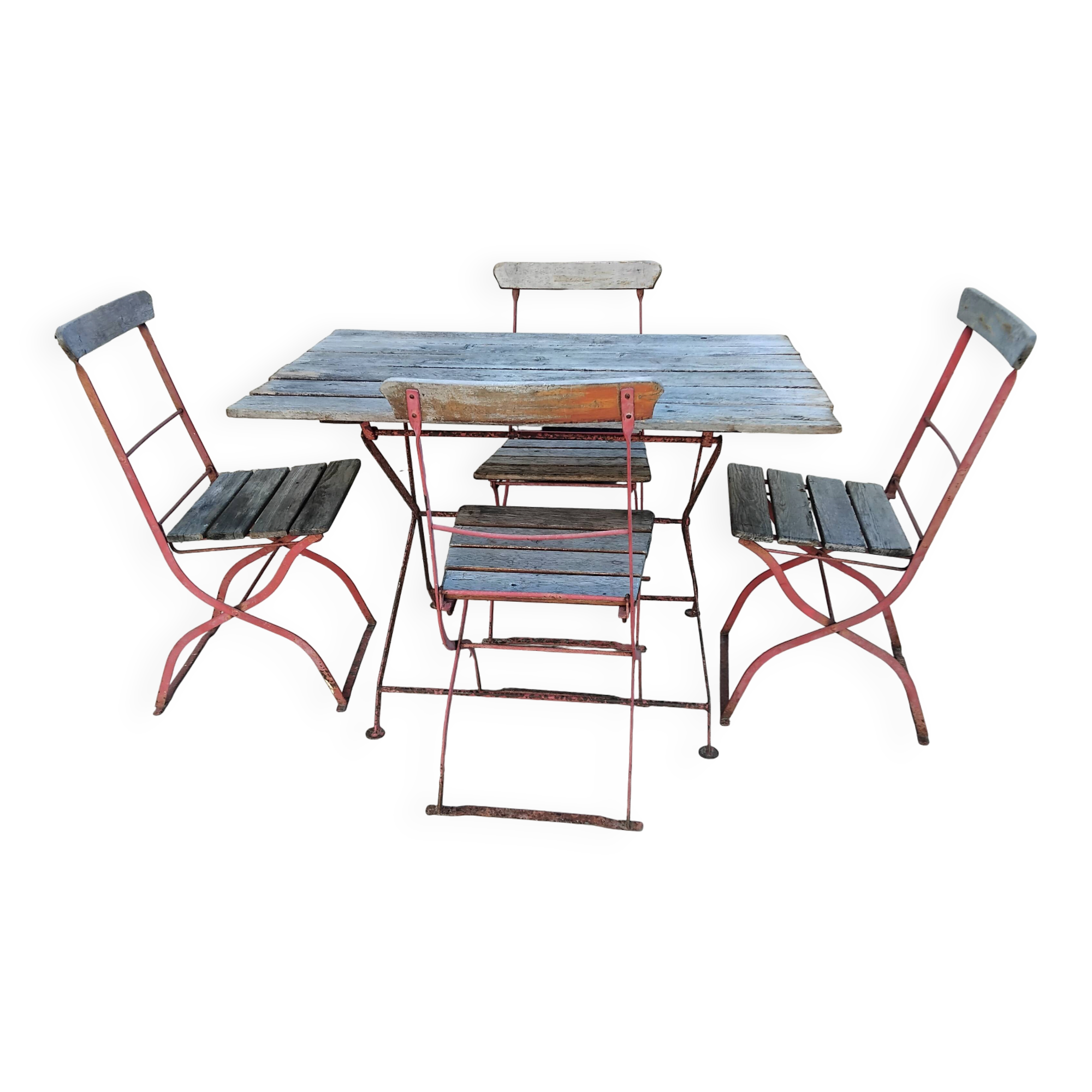 Table and 4 Bistro Guinguette chairs, antique circa 1900.