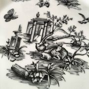 Set of black and white plates in the style of toile de Jouy.