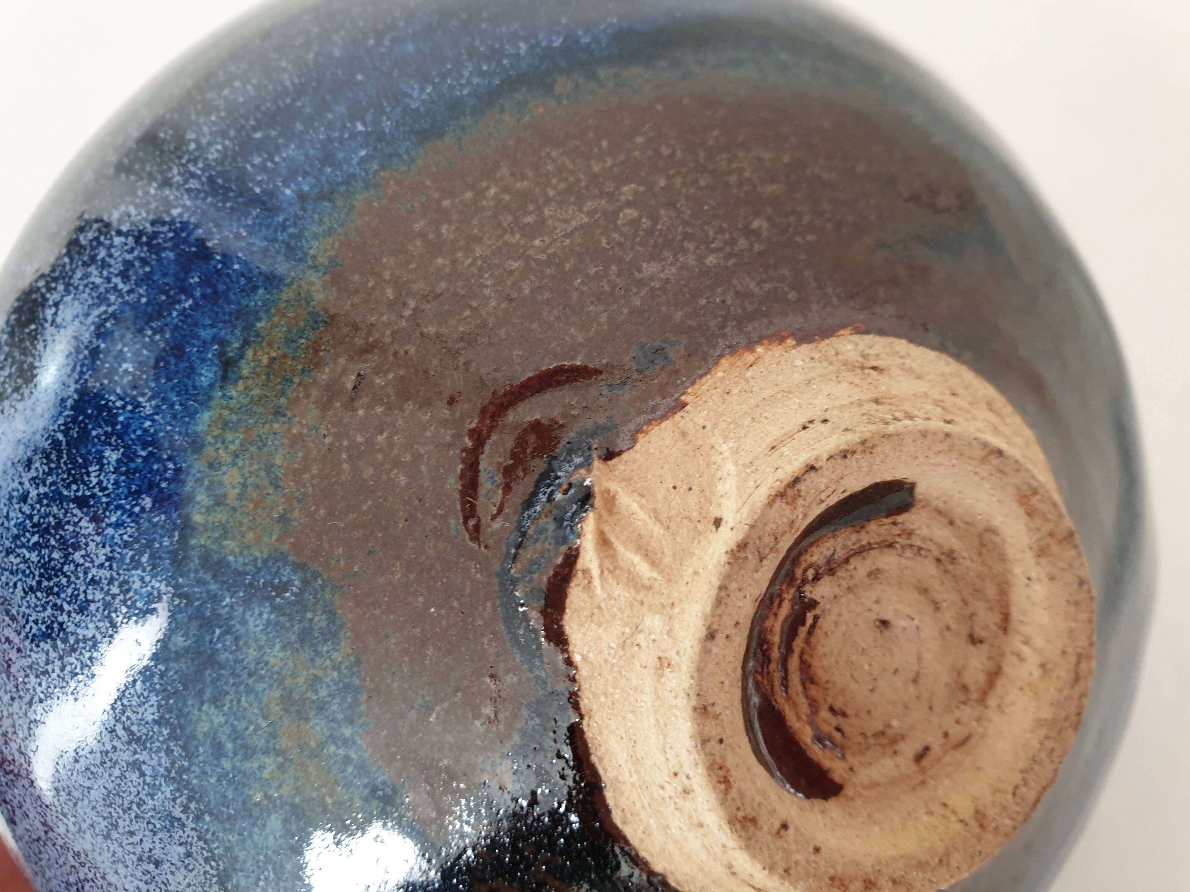 Blue ball vase in enamelled ceramic signed pictogram (Signature to be identified)