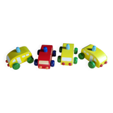 4 small wooden cars