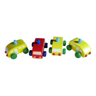 4 small wooden cars